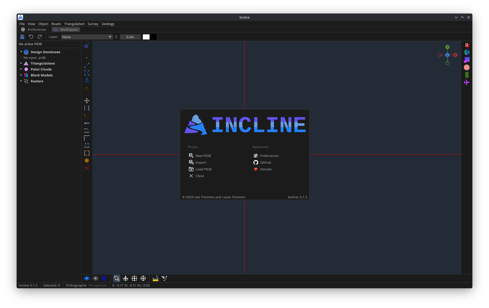 Incline desktop application showing the project explorer, design workspace, toolbars, and welcome panel.