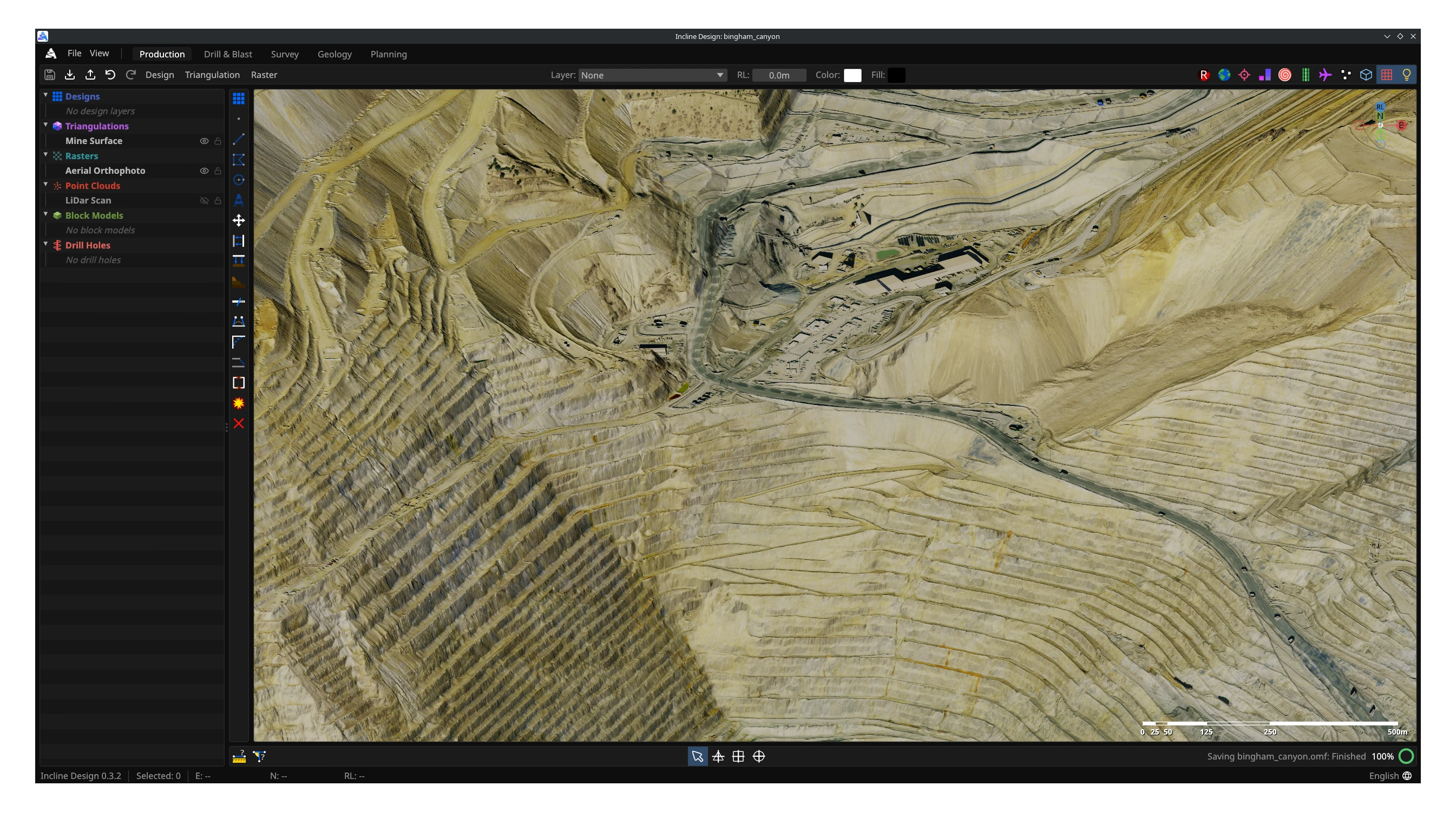 Incline desktop application showing a three-dimensional open-pit mine, project layers, and design toolbars.