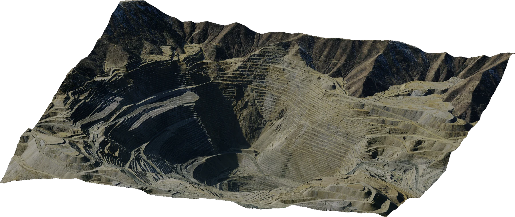 A terraced open-pit mine, rendered in three dimensions.