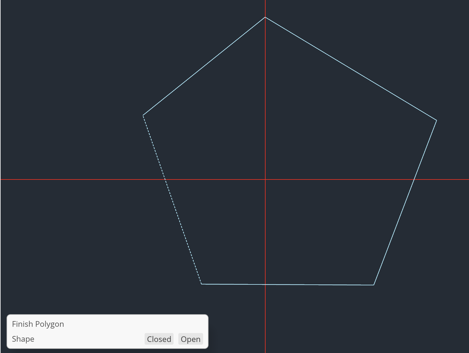 Incline viewport with a polygon being completed and the Finish Polygon panel offering Closed and Open choices.