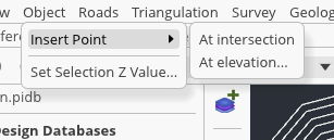 Incline Object menu over a selected pit string, with the Insert Point submenu expanded to At intersection and At elevation.