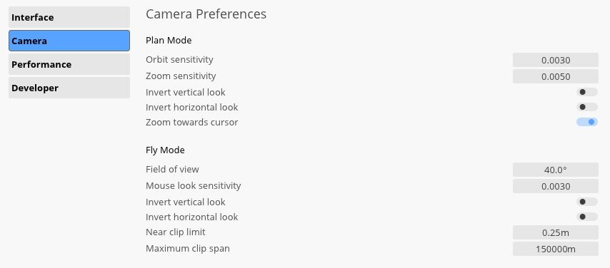 Incline Camera Preferences showing Plan Mode and Fly Mode navigation settings.