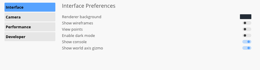 Incline Interface Preferences showing renderer background, wireframes, points, dark mode, console, and world axis controls.
