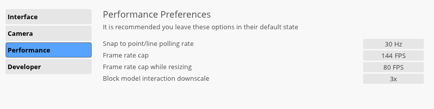 Incline Performance Preferences showing snap polling, frame caps, and block model interaction downscale.