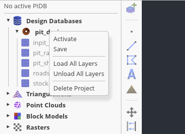 Incline project context menu with Activate, Save, Load All Layers, Unload All Layers, and Delete Project.