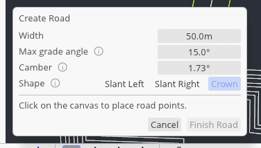 Incline Create Road panel over a loaded pit design, showing a 50 metre width, 15 degree maximum grade, 1.73 degree camber, and Crown shape.