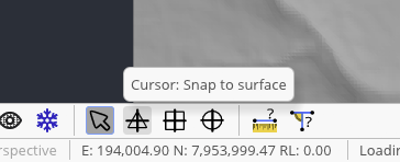 Mine design over a loaded topology in Incline, with the Cursor: Snap to surface tooltip identifying the bottom-toolbar control.
