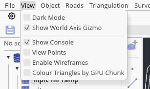 Incline View menu with dark mode, world axis, console, points, wireframes, and GPU chunk colour toggles.
