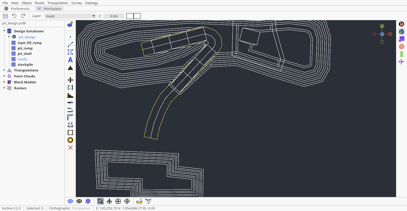 Incline workspace showing the pit_design PIDB, five layers in the Explorer, and a pit and road design in the viewport.